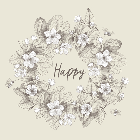 Wreath of garden flowers. Vector. Hand drawn artwork. Love concept for wedding invitations, cards, tickets, congratulations, branding, boutique logo, label. Monochrome brown and beige whiteの写真素材