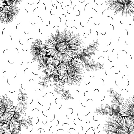 Highly detailed floral pattern with Chrisantemum and eucaliptus. Vintage conceptのイラスト素材
