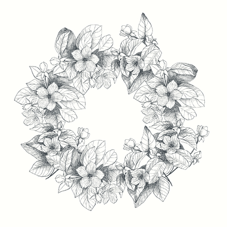 Vintage botanical illustration garden flowers wreath. Engraving style. Hand drawing illustration. Love concept for wedding invitations, cards, tickets, congratulations, branding, boutique logo, label. Monochrome grey and whiteのイラスト素材