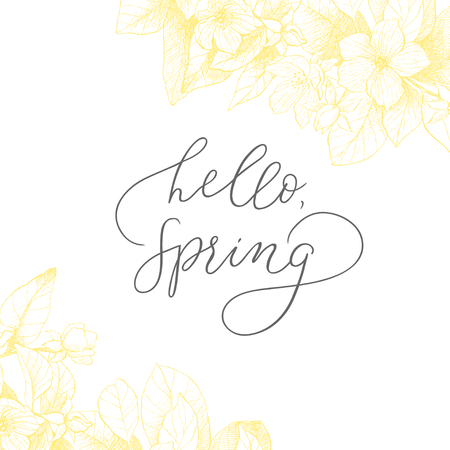 Floral backdrop in yellow tone with hello spring text.のイラスト素材