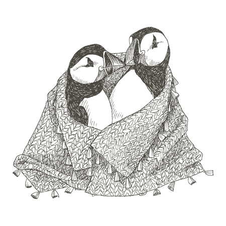 Christmas or New Year illustration with cute birds, wrap and lettering inscription.のイラスト素材