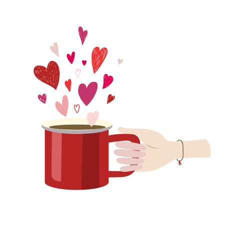 The girl s hand holds a red mug with cocoa. There are many hearts on top.のイラスト素材