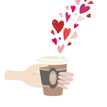 The male hand holds a cup of coffee. There are many hearts on top. Illustration for cards, invitation, banner, designのイラスト素材