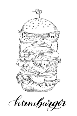 Sketch hand drawn illustration of hamburger. American fast food. Vector monochrome illustration. Food conceptのイラスト素材