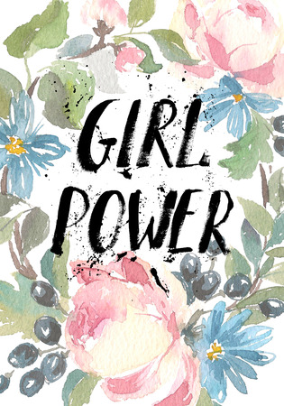 Floral Frame. A wreath of watercolor roses. Girl power inscription. Perfect for wedding invitations and birthday cards.の写真素材