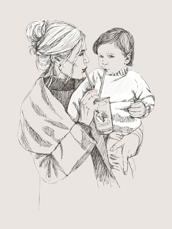 Vector Sketch of happy family Parents and children. Family concept. Love concept.のイラスト素材