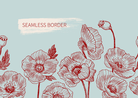 Seamless border poppy flowers drawn and sketch with line-art on mint backgrounds. Vector designのイラスト素材