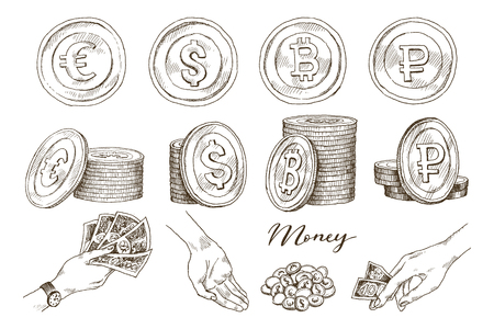 Dollar, euro, ruble, bitcoin sign, coin isolated on white background. Set of money, currency icon. Cash symbolのイラスト素材