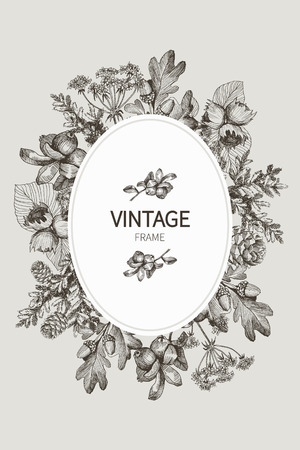 Autumn mood. Vector vintage card. Frame with small wild forest plants and berries. Black and White.のイラスト素材
