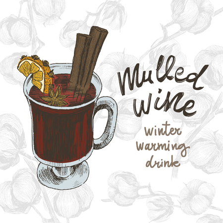 Mulled wine in the glass and Christmas elements, spices and citrusのイラスト素材