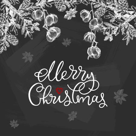 Christmas frame card. Vector hand drawn illustration, Chalkboard xmas decoration element. Greeting and invitation card, holiday bannerのイラスト素材
