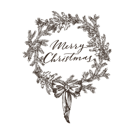 Christmas sketch hand drawn illustration with pine tree branches and cones. Vector illustration for your design.のイラスト素材