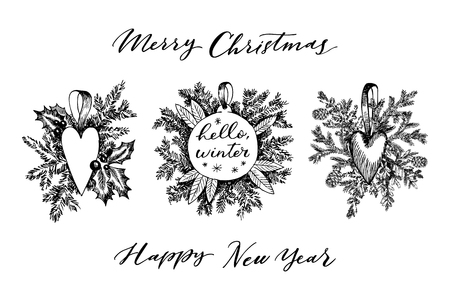 Winter hand drawn sketch with coniferous plants and Christmas tree toy.のイラスト素材