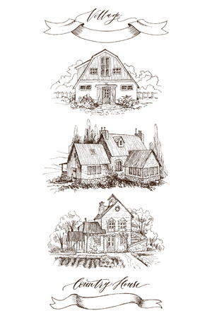 Lettering inscription Village. Detailed illustration engraving style.のイラスト素材