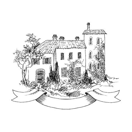 Lettering inscription Village. Detailed illustration engraving style.のイラスト素材