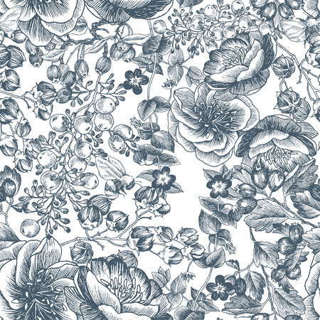 Wild flowers blossom branch seamless pattern. Vintage botanical hand drawn illustration. Vector design. Can use for greeting cards, wedding invitations, patterns for eco product, cosmetics.のイラスト素材