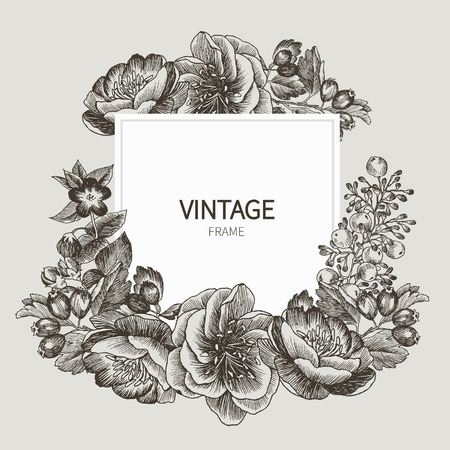 Beautiful card with a square frame with wreath of different plants of vintage garden and forest. Black and white frame of the roses, peones and berries on a creme background. Vector illustrationのイラスト素材