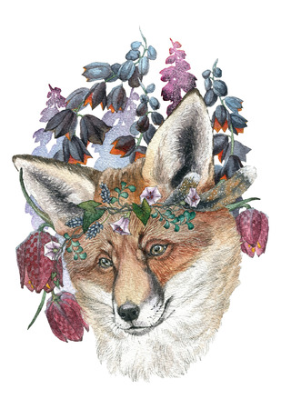 Beautiful fox in a wreath of wild flowers. Watercolor illustration for greeting card, poster, or print on clothes. Fashion Style. Hipsterの写真素材