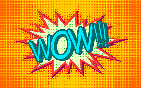 Explosion background. Retro pop art speech bubble with dots . Lettering wow, emotion, surprise, delight, joy. Comic text. Vector icon speech phrase, cartoon illustration. Comics book balloonのイラスト素材
