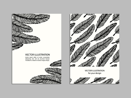 Hand drawn doodle feathers. Cover template collection. Artistic cute celebrating cards. Set design elements. Outline vector drawing.のイラスト素材