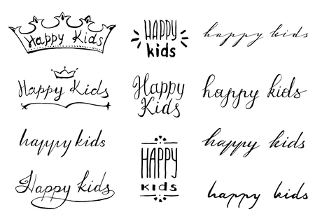 Happy Kids Logo. Hand drawn label, greeting card or template, poster, banner. Vector illustrationsのイラスト素材