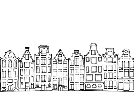 Cartoon hand drawn ink houses. Seamless border. Doodle scandinavian Netherlandish hous. Outline vector drawing for card, poster.のイラスト素材
