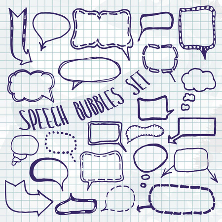 Set of hand-drawn speech bubbles on  sketchbook background.のイラスト素材