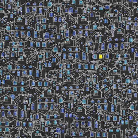 Hand-drawn seamless pattern with doodle houses. Cartoon hand drawn vector.のイラスト素材