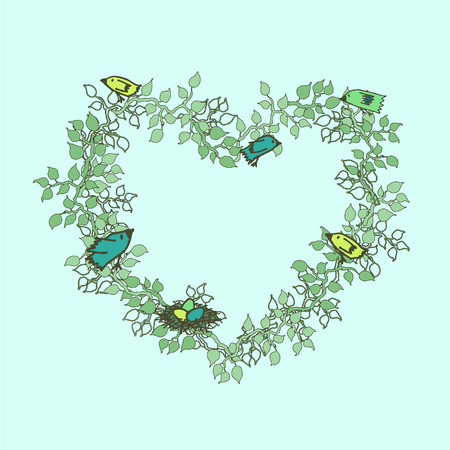 Hand drawn floral frames with leaves and birdsのイラスト素材