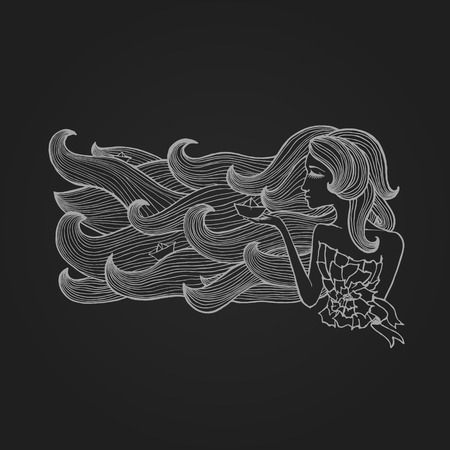 Hand drawn girl with long swirl hair with three paper ships.のイラスト素材