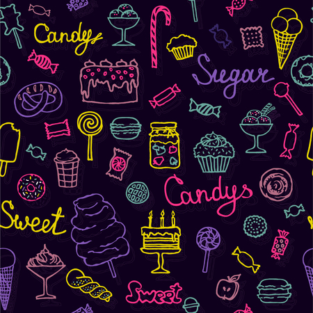 Seamless pattern of candys, cakes, sweets and desserts. Hand drawn vector illustrationsのイラスト素材