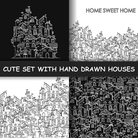Set with hand drawn doodle houses. Samless pattern in black and white. Illustration is in vector mode.のイラスト素材