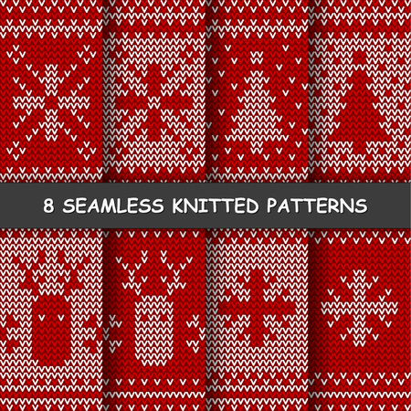 Set with seamless winter patterns. Red and white knitted background in scandinavian style.のイラスト素材