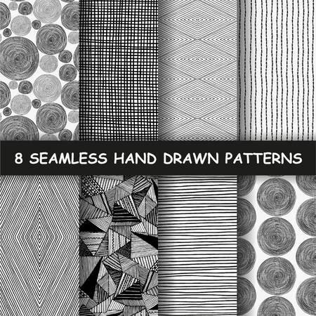 Set of four seamless hand drawn graphic patterns. Made in vectorのイラスト素材