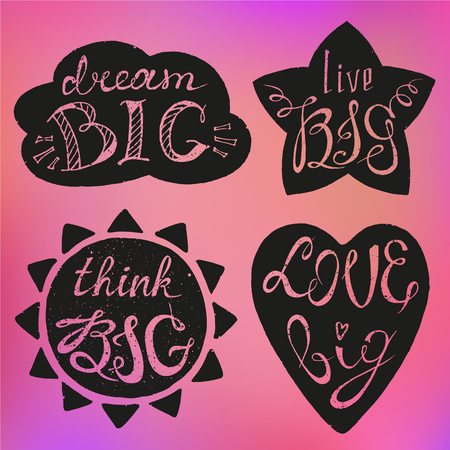 Set with hand drawn inspirational and motivating phrase, quote.  Conceptual lettering, calligraphy on blurred background.のイラスト素材