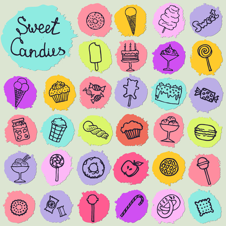 Icon set with candys, cakes, sweets, ice cream and desserts in doodle style. Hand drawn vector illustrations. Illustration of isolated sweet candies setのイラスト素材