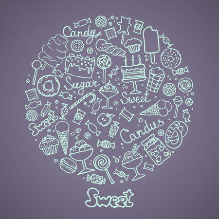 Set of candies, cakes, sweets, ice cream and desserts in doodle style. Hand drawn vector illustrations. Illustration of isolated sweet candies setのイラスト素材