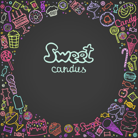 Set of candies, cakes, sweets, ice cream and desserts in doodle style. Hand drawn colorful vector illustrations. Illustration of isolated sweet candies setのイラスト素材