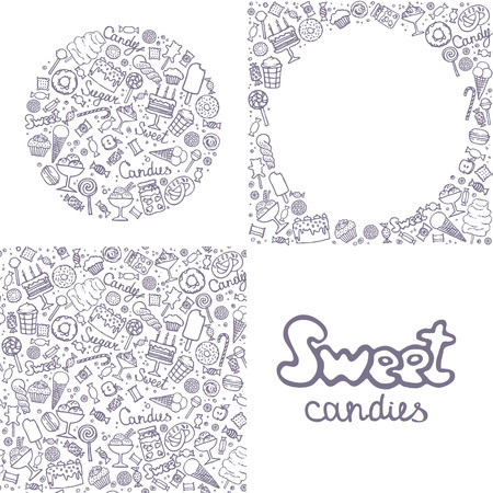 Set of candies, cakes, sweets, ice cream and desserts in doodle style. Hand drawn vector illustrations. Illustration of isolated sweet candies setのイラスト素材