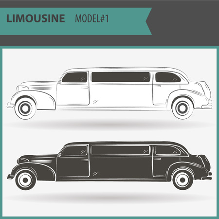 Retro stretch limo on a white background in two colors - black and white. Illustration of two vip limousine isolated on white background.のイラスト素材