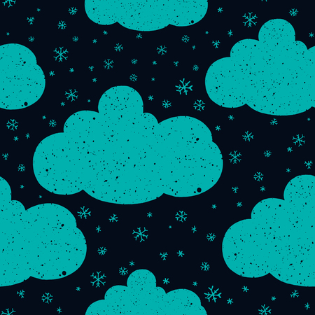 Hand drawn winter pattern with snowflakes and clouds. Seamless doodle background.のイラスト素材