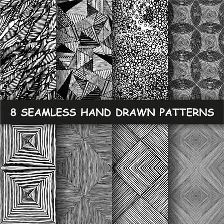 Set of eight seamless hand drawn graphic patterns. Made in vectorのイラスト素材