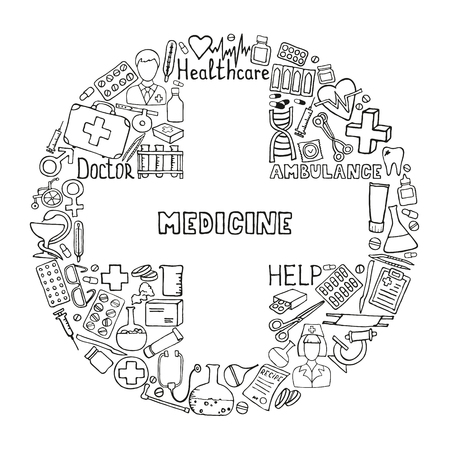 Hand drawn medicine icon set. Healthcare doodle icons. Vector doodle illustrations.のイラスト素材