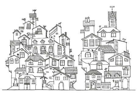 Hand drawn doodle houses in black and white.  Adult coloring page.  Vector Illustration.のイラスト素材