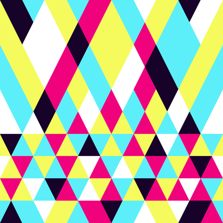 Seamless colorful abstract triangles pattern. Retro background of geometric shapes. Bright modern mosaic backdrop. Vintage triangle ornament. Creative cover, decorative pattern. Vector illustration.のイラスト素材