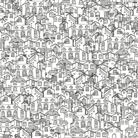 Pattern with hand drawn doodle houses. Illusttration with cute house. Line house drawing. Samless background in black and white. Vectorのイラスト素材