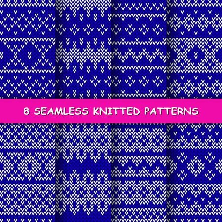 Set with seamless winter patterns. Blue and white knitted christmas backgrounds in scandinavian style. Vectorのイラスト素材