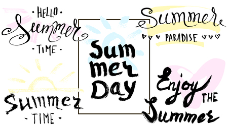 Summer Lettering. Hand drawn caligraphy. Handwritten summer poster. Design element for seasonal banners, t-shirts, cards. Vector illustrationのイラスト素材