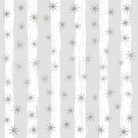 Silver glittering snowflakes seamless pattern on grey striped backgroundのイラスト素材