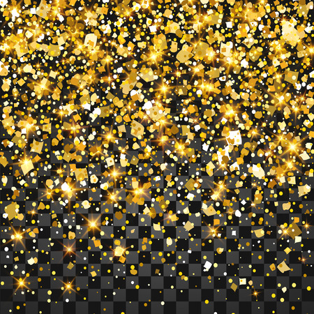 Festive explosion of confetti. Gold glitter background for the card, invitation. Holiday Decorative element. Illustration of falling shiny particles and stars isolated on transparent background.のイラスト素材